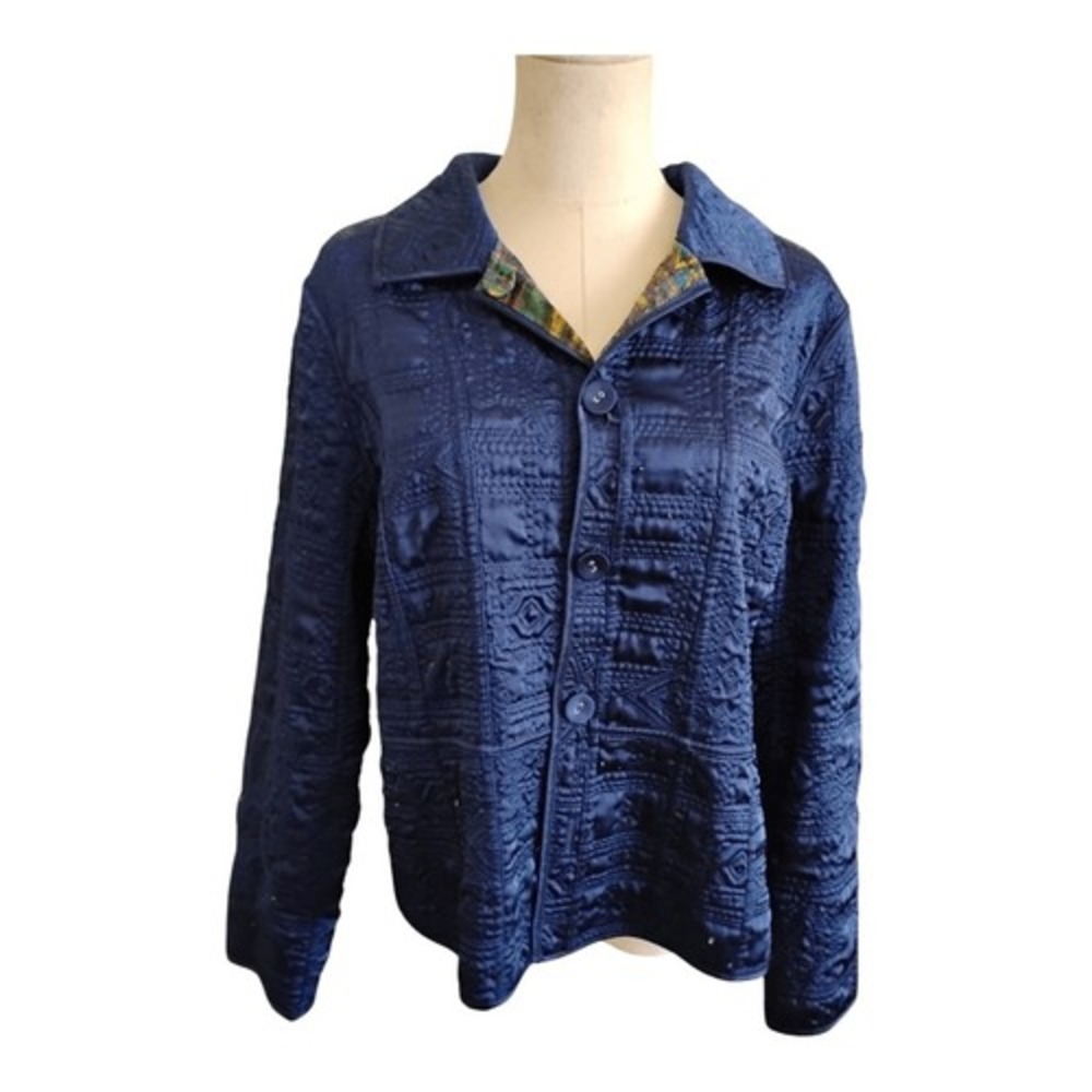 Chicos Navy/Abstract Print Reversible Quilted Jacket Size Medium - Picture 4 of 6